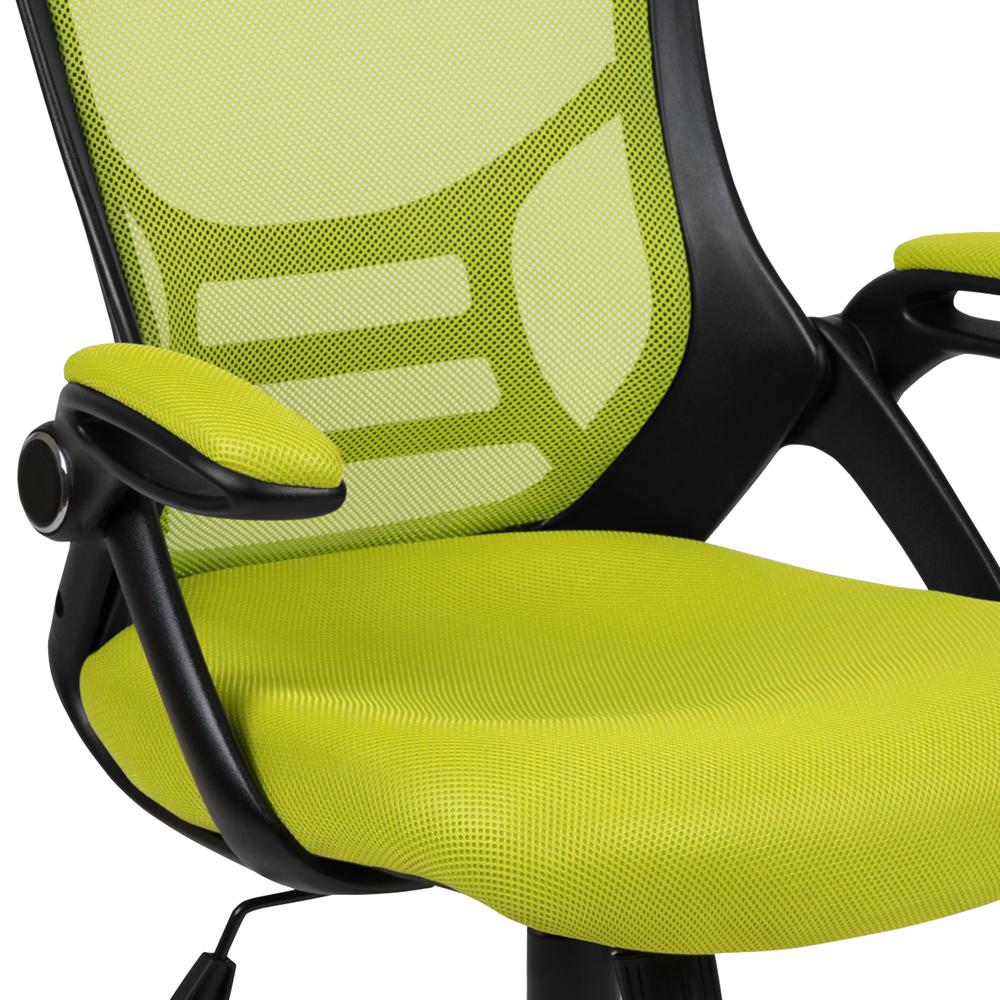 High Back Green Mesh Ergonomic Swivel Office Chair with Black Frame and Flip-up Arms. Picture 7
