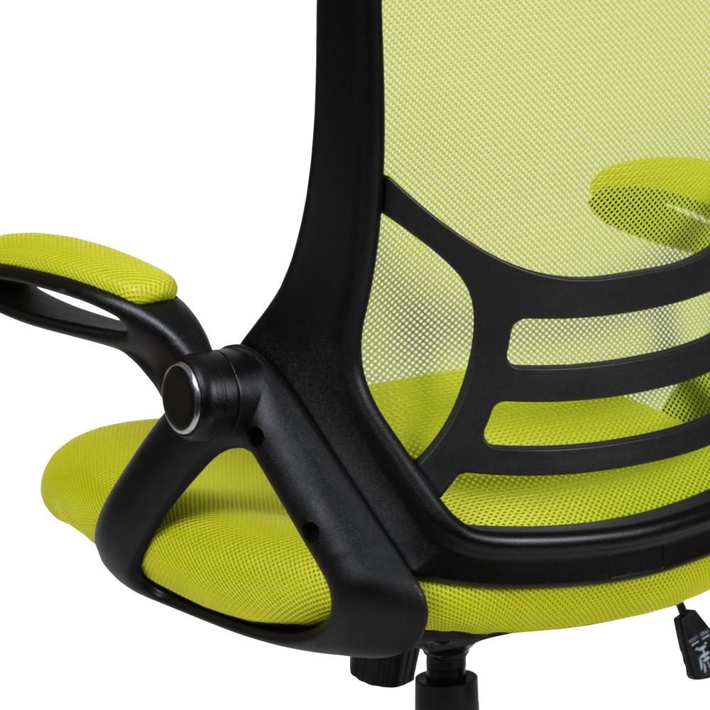 High Back Green Mesh Ergonomic Swivel Office Chair with Black Frame and Flip-up Arms. Picture 8