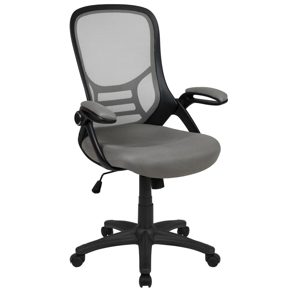 High Back Light Gray Mesh Ergonomic Swivel Office Chair with Black Frame and Flip-up Arms. Picture 1