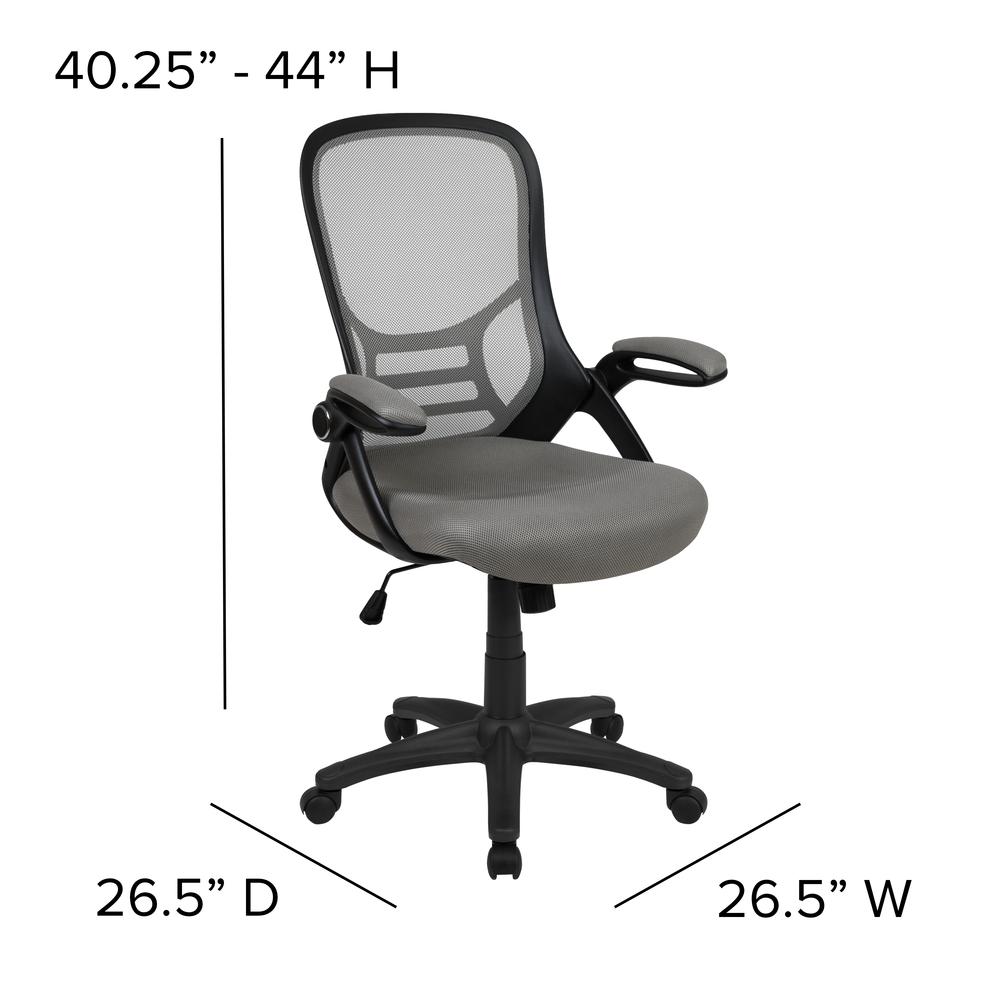 High Back Light Gray Mesh Ergonomic Swivel Office Chair with Black Frame and Flip-up Arms. Picture 4