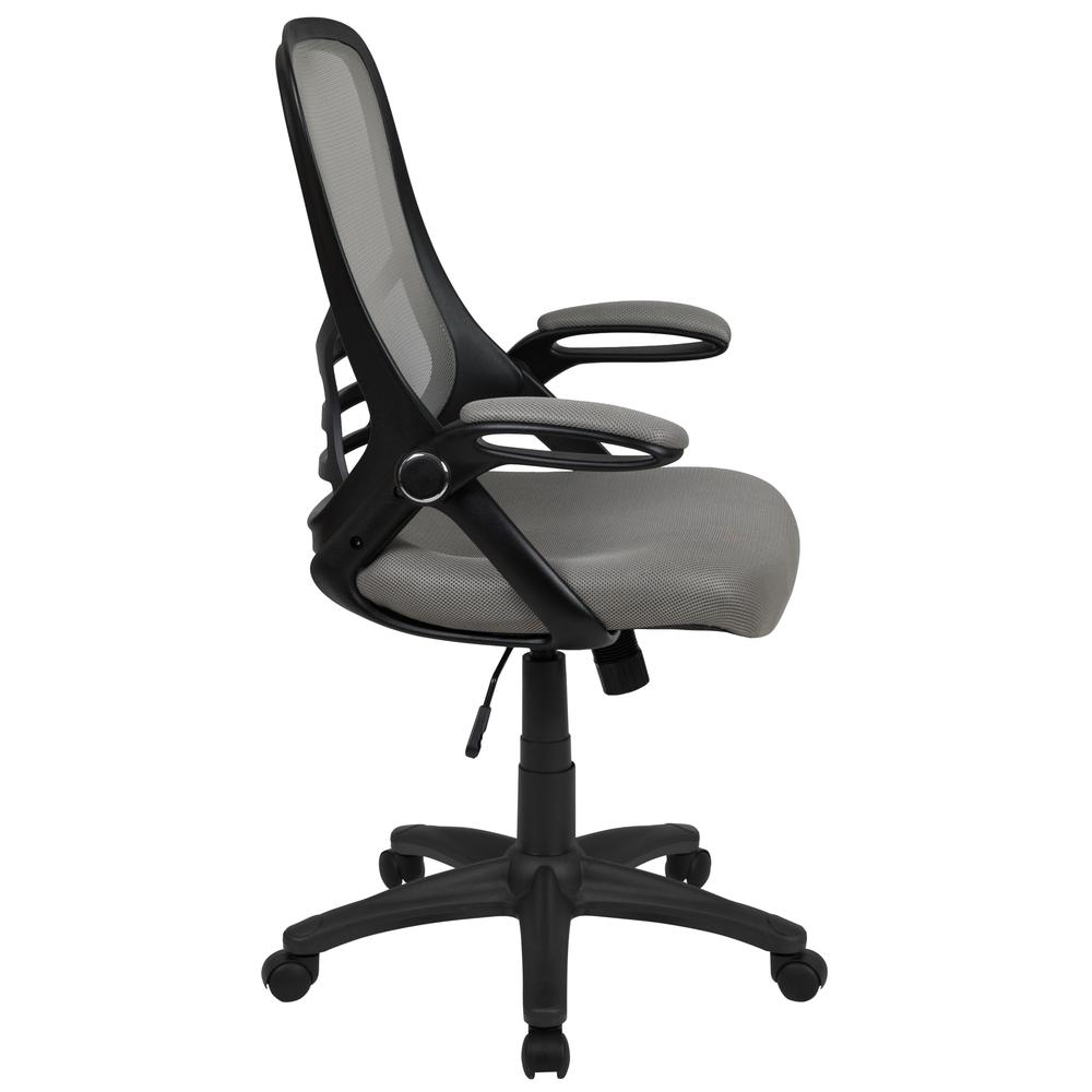 High Back Light Gray Mesh Ergonomic Swivel Office Chair with Black Frame and Flip-up Arms. Picture 3