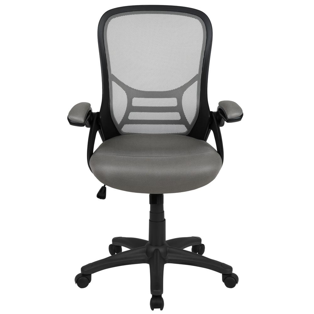 High Back Light Gray Mesh Ergonomic Swivel Office Chair with Black Frame and Flip-up Arms. Picture 5