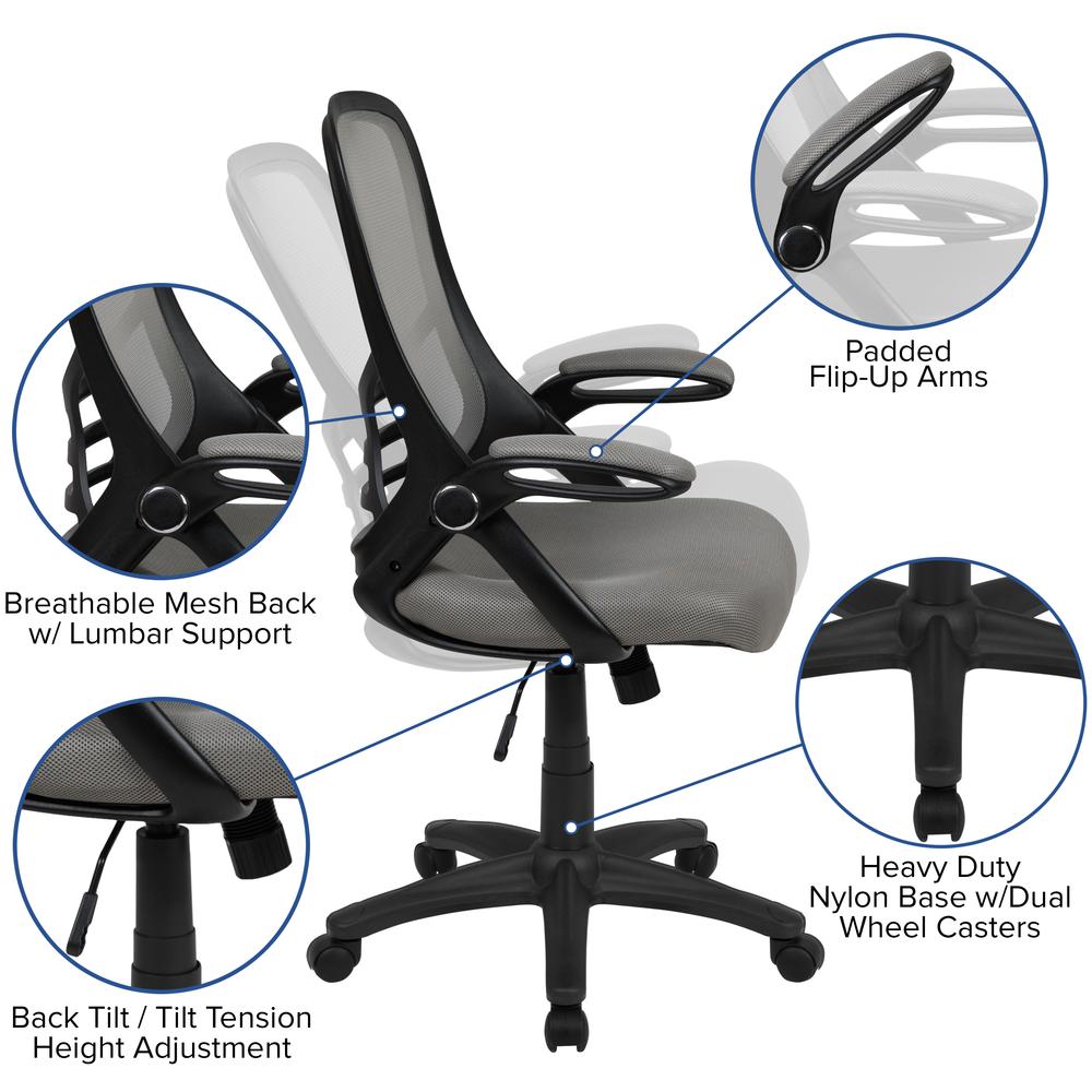 High Back Light Gray Mesh Ergonomic Swivel Office Chair with Black Frame and Flip-up Arms. Picture 2