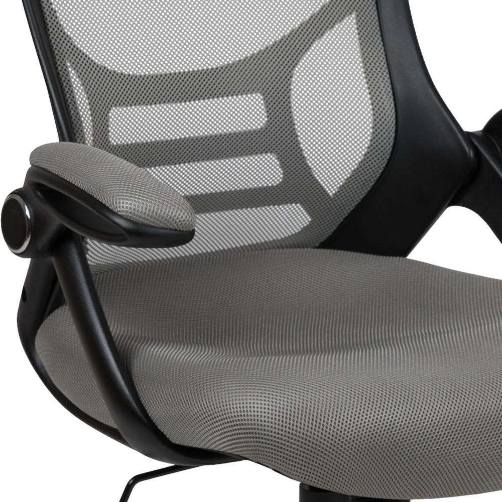 High Back Light Gray Mesh Ergonomic Swivel Office Chair with Black Frame and Flip-up Arms. Picture 7