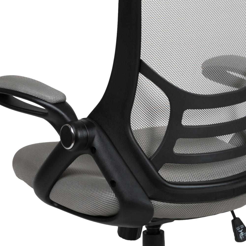 High Back Light Gray Mesh Ergonomic Swivel Office Chair with Black Frame and Flip-up Arms. Picture 8