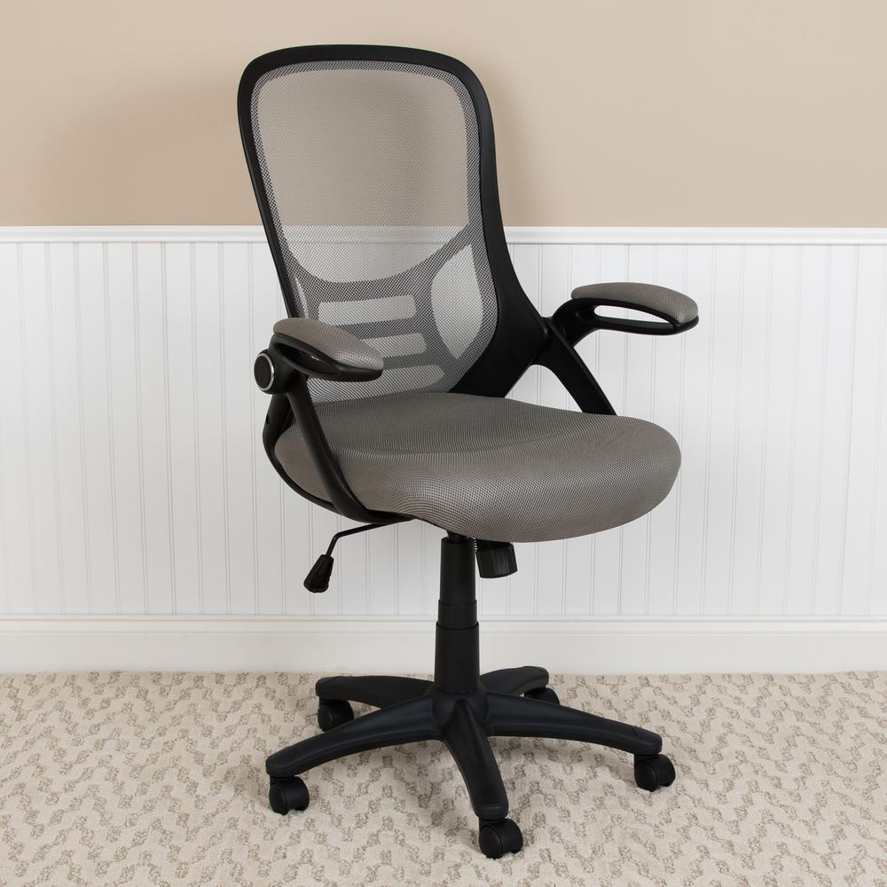 High Back Light Gray Mesh Ergonomic Swivel Office Chair with Black Frame and Flip-up Arms. Picture 11