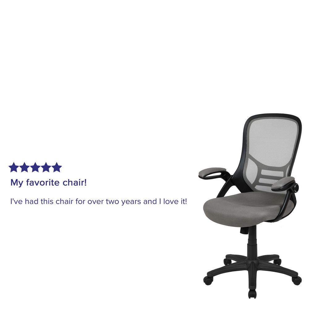 High Back Light Gray Mesh Ergonomic Swivel Office Chair with Black Frame and Flip-up Arms. Picture 12