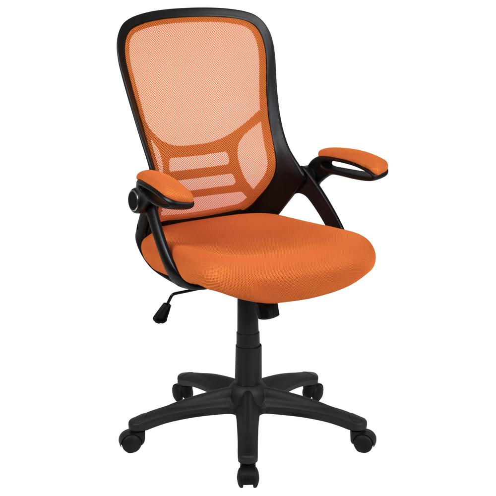 High Back Orange Mesh Ergonomic Swivel Office Chair with Black Frame and Flip-up Arms. The main picture.