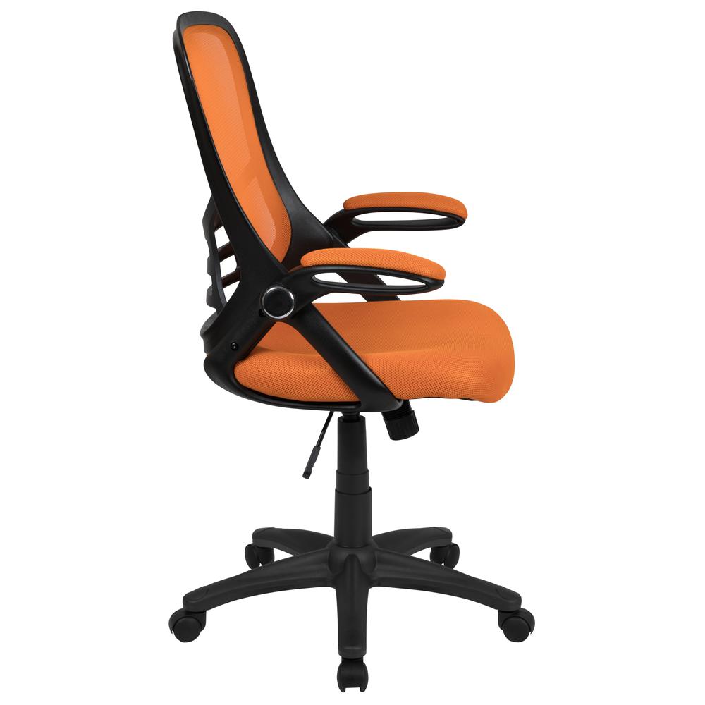 High Back Orange Mesh Ergonomic Swivel Office Chair with Black Frame and Flip-up Arms. Picture 3