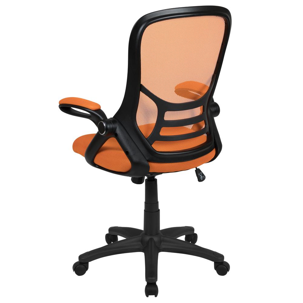 High Back Orange Mesh Ergonomic Swivel Office Chair with Black Frame and Flip-up Arms. Picture 4
