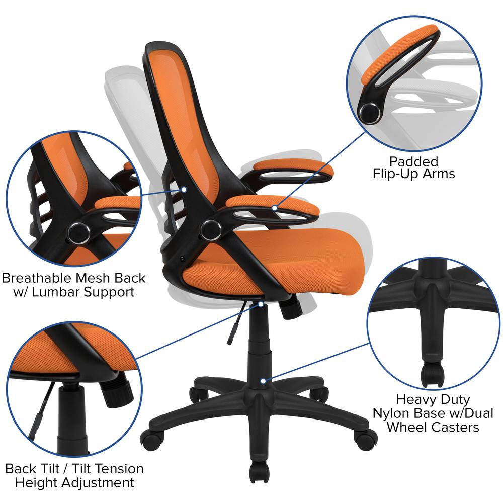 High Back Orange Mesh Ergonomic Swivel Office Chair with Black Frame and Flip-up Arms. Picture 2