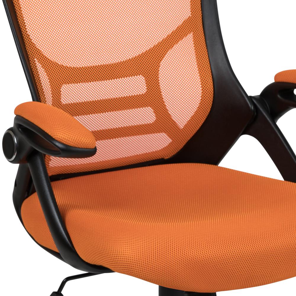 High Back Orange Mesh Ergonomic Swivel Office Chair with Black Frame and Flip-up Arms. Picture 7