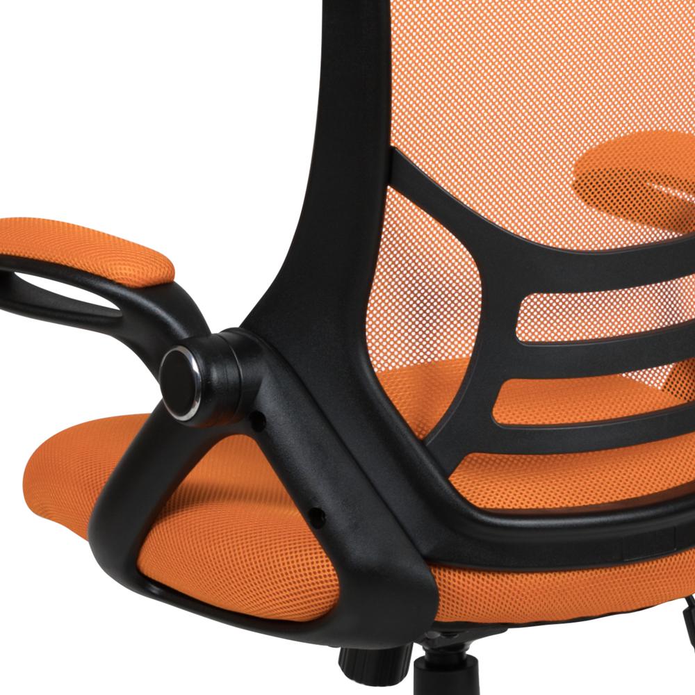 High Back Orange Mesh Ergonomic Swivel Office Chair with Black Frame and Flip-up Arms. Picture 8