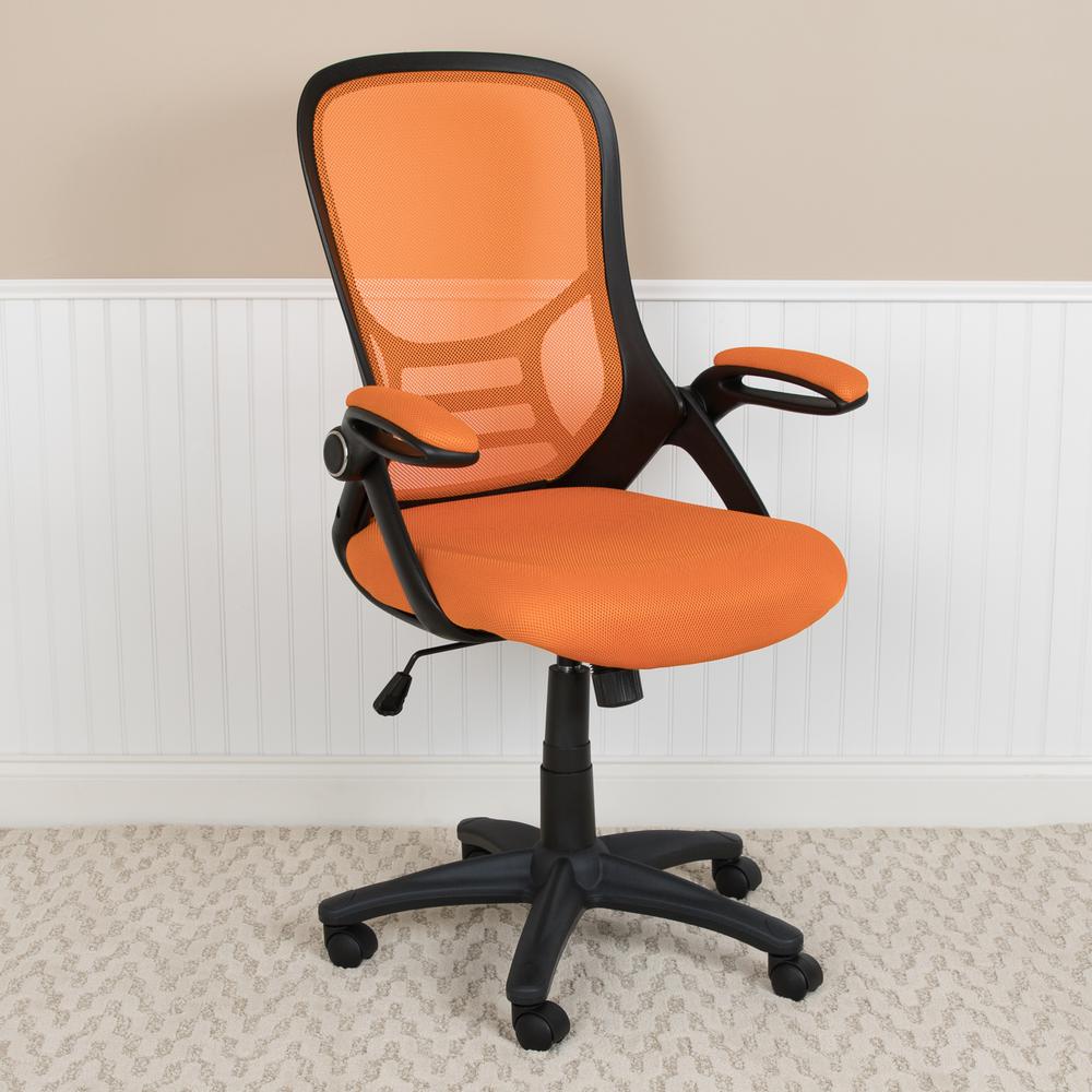 High Back Orange Mesh Ergonomic Swivel Office Chair with Black Frame and Flip-up Arms. Picture 11