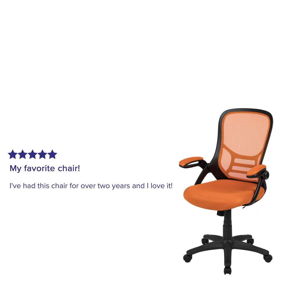 High Back Orange Mesh Ergonomic Swivel Office Chair with Black Frame and Flip-up Arms. Picture 12