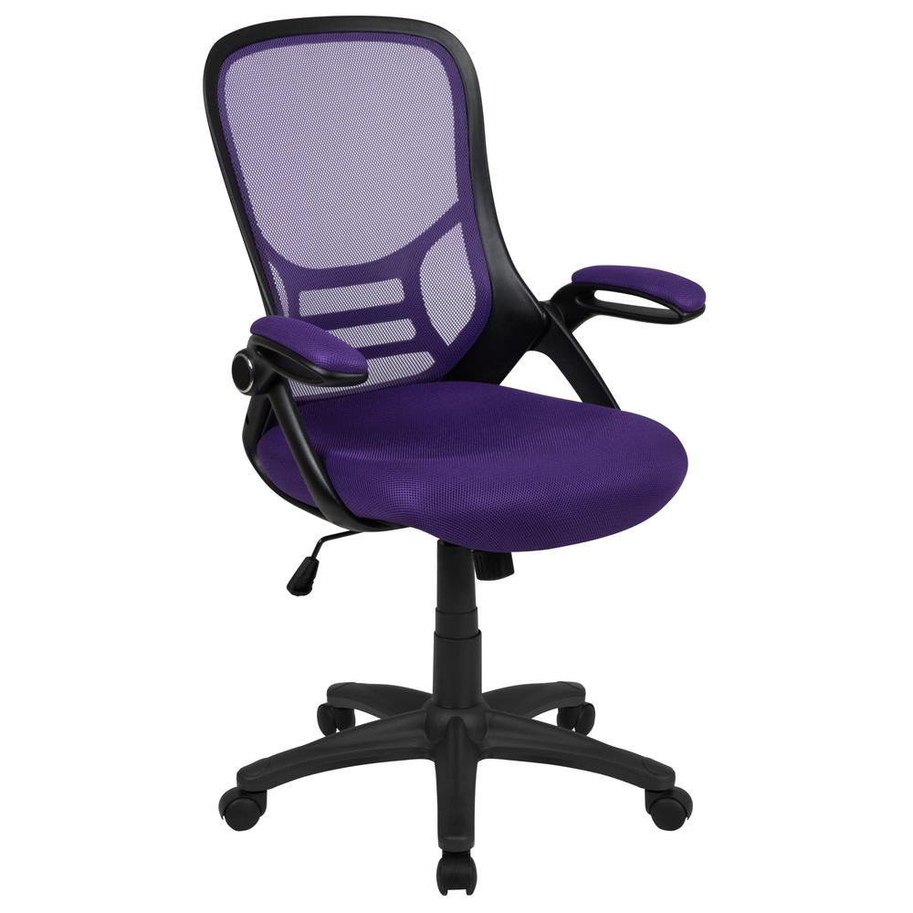 High Back Purple Mesh Ergonomic Swivel Office Chair with Black Frame and Flip-up Arms. Picture 1