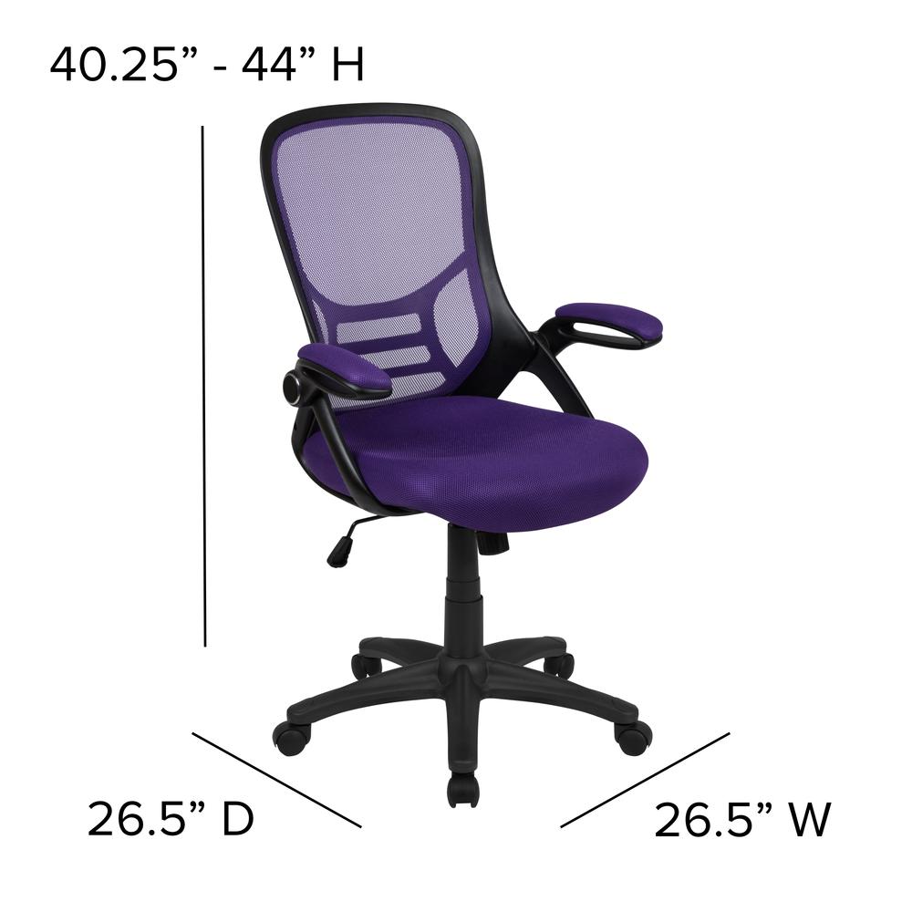 High Back Purple Mesh Ergonomic Swivel Office Chair with Black Frame and Flip-up Arms. Picture 2