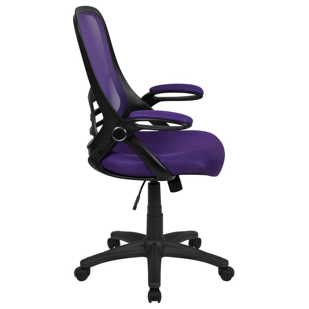 High Back Purple Mesh Ergonomic Swivel Office Chair with Black Frame and Flip-up Arms. Picture 3