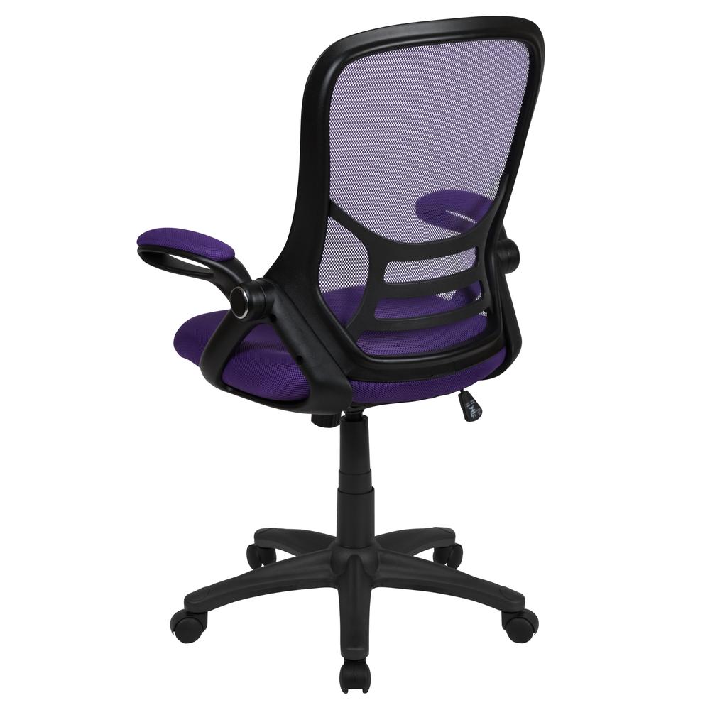 High Back Purple Mesh Ergonomic Swivel Office Chair with Black Frame and Flip-up Arms. Picture 4