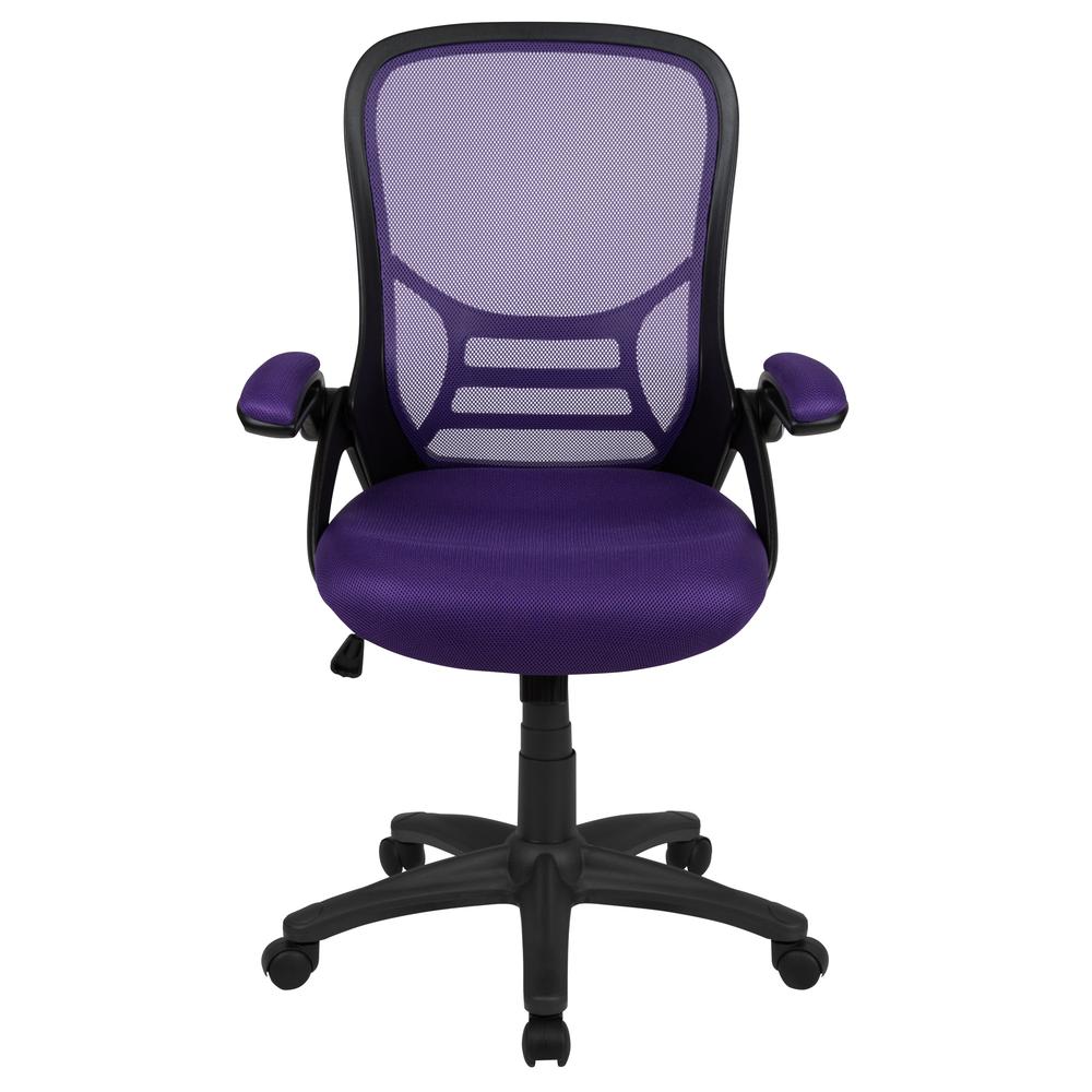 High Back Purple Mesh Ergonomic Swivel Office Chair with Black Frame and Flip-up Arms. Picture 5