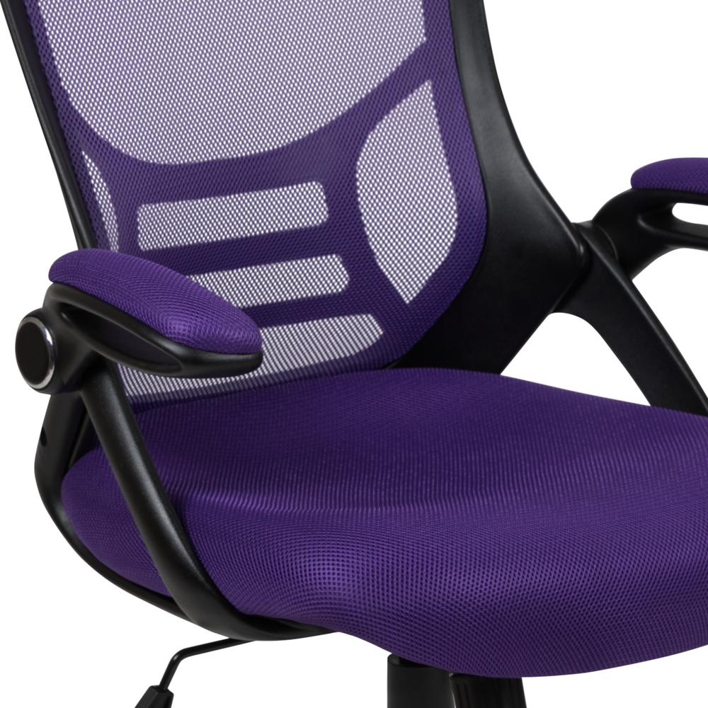 High Back Purple Mesh Ergonomic Swivel Office Chair with Black Frame and Flip-up Arms. Picture 7