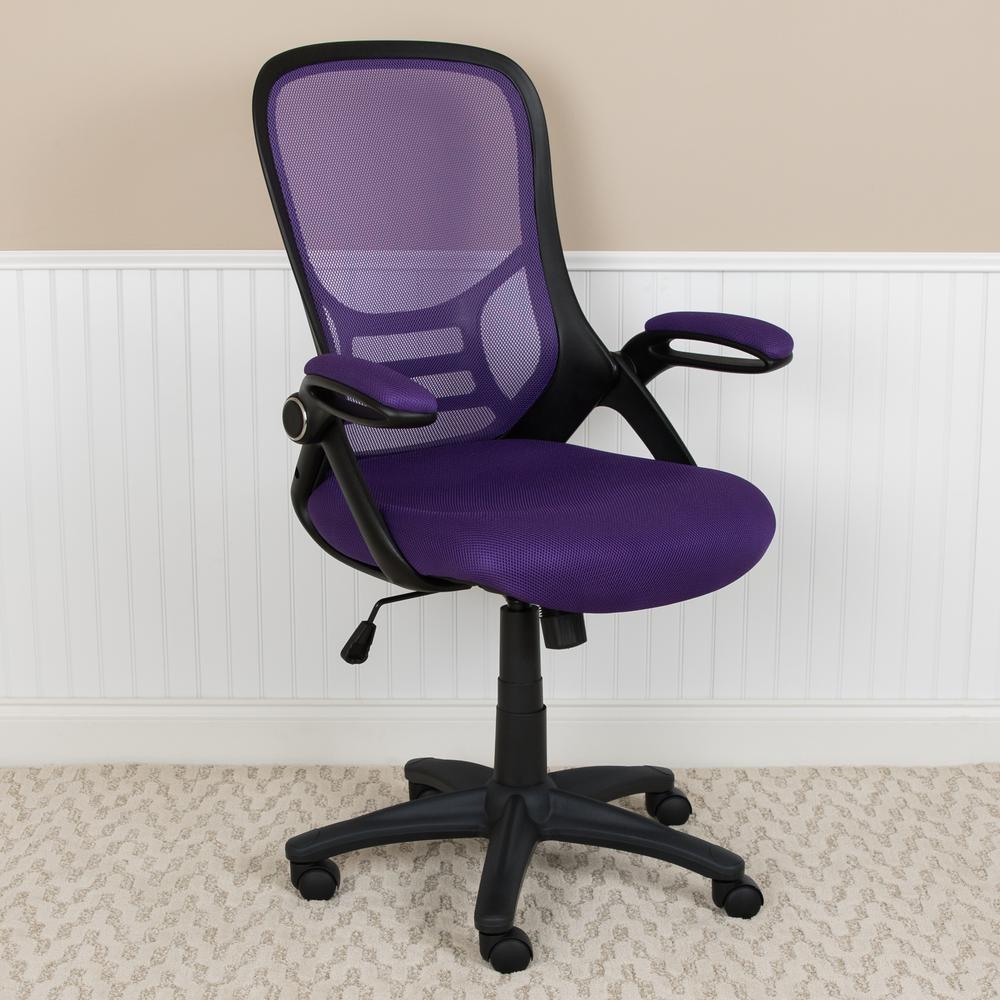 High Back Purple Mesh Ergonomic Swivel Office Chair with Black Frame and Flip-up Arms. Picture 11
