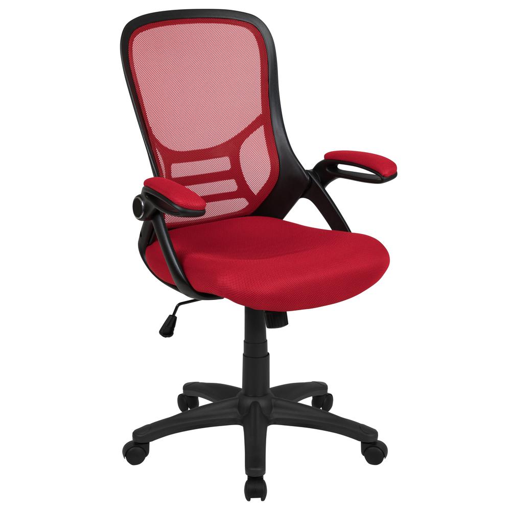 High Back Red Mesh Ergonomic Swivel Office Chair with Black Frame and Flip-up Arms. Picture 1