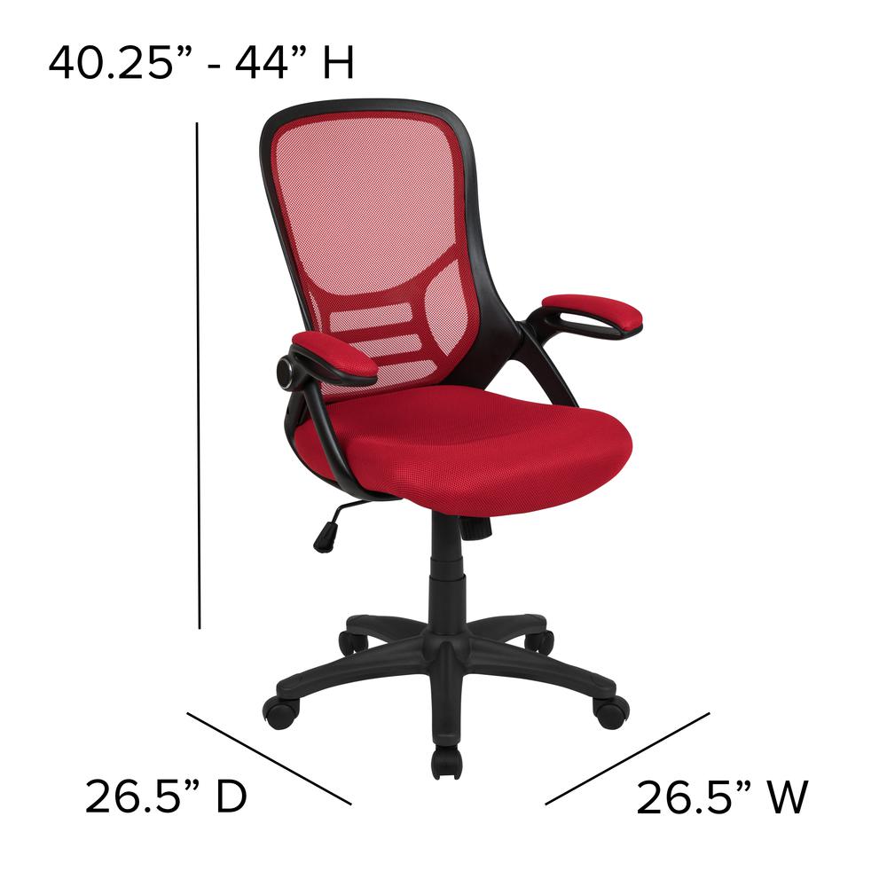High Back Red Mesh Ergonomic Swivel Office Chair with Black Frame and Flip-up Arms. Picture 2