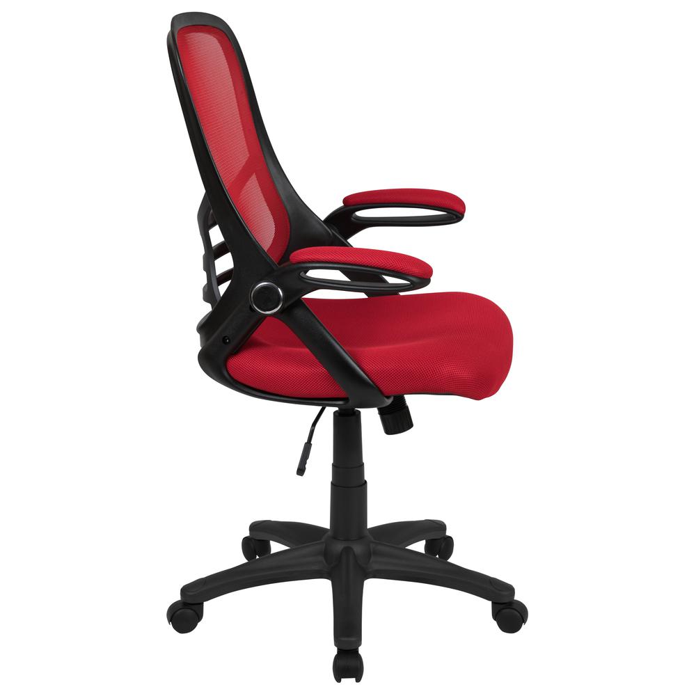 High Back Red Mesh Ergonomic Swivel Office Chair with Black Frame and Flip-up Arms. Picture 3