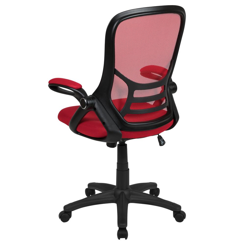 High Back Red Mesh Ergonomic Swivel Office Chair with Black Frame and Flip-up Arms. Picture 4