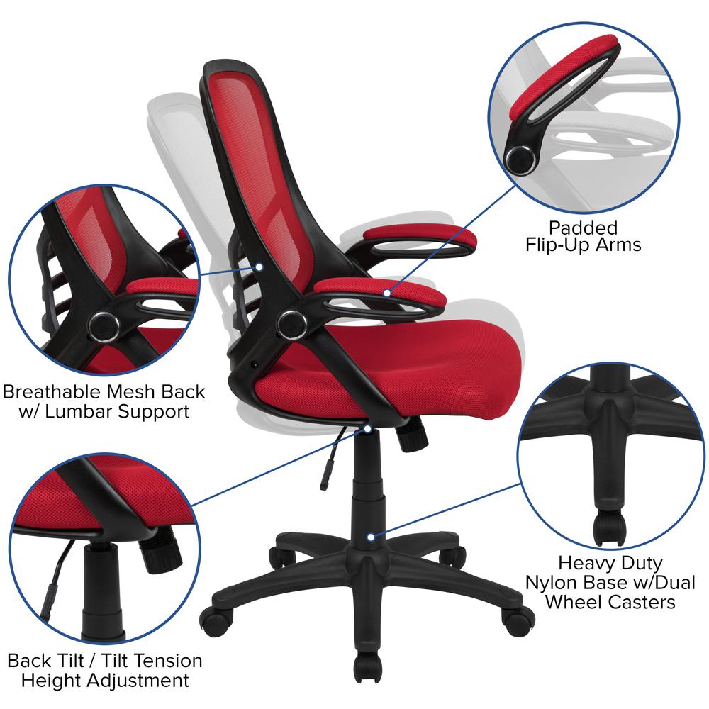 High Back Red Mesh Ergonomic Swivel Office Chair with Black Frame and Flip-up Arms. Picture 6