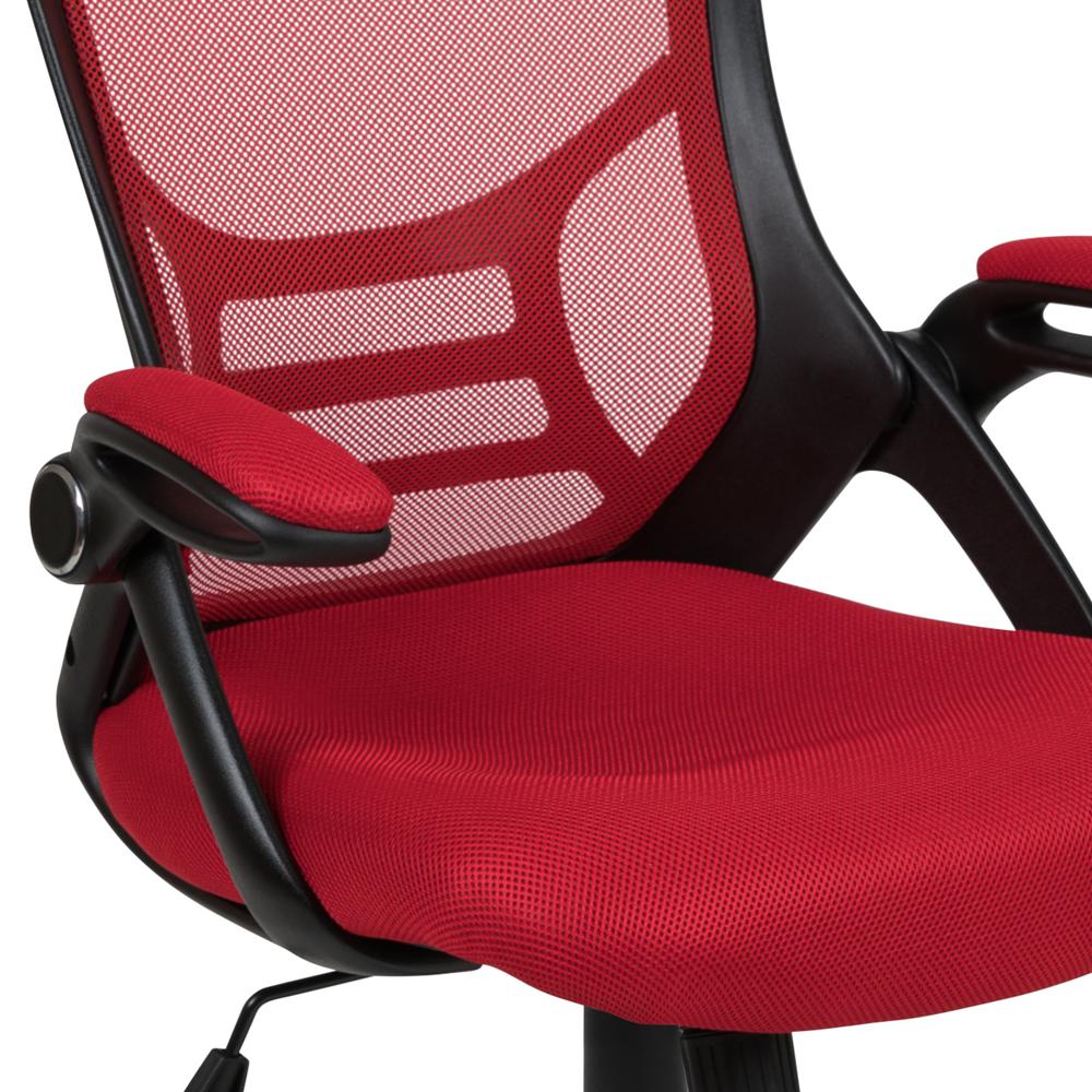 High Back Red Mesh Ergonomic Swivel Office Chair with Black Frame and Flip-up Arms. Picture 7