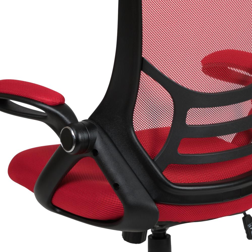 High Back Red Mesh Ergonomic Swivel Office Chair with Black Frame and Flip-up Arms. Picture 8