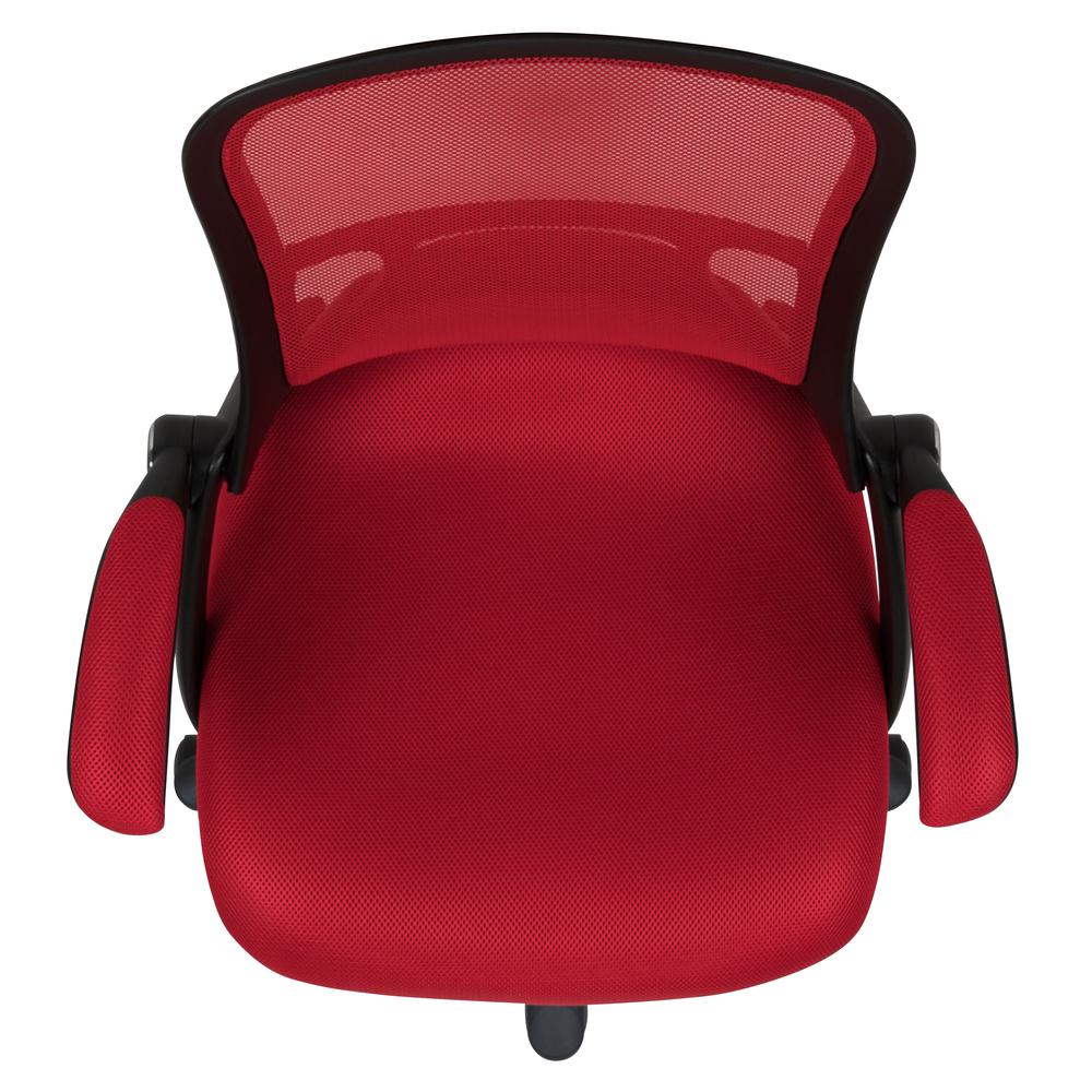 High Back Red Mesh Ergonomic Swivel Office Chair with Black Frame and Flip-up Arms. Picture 9