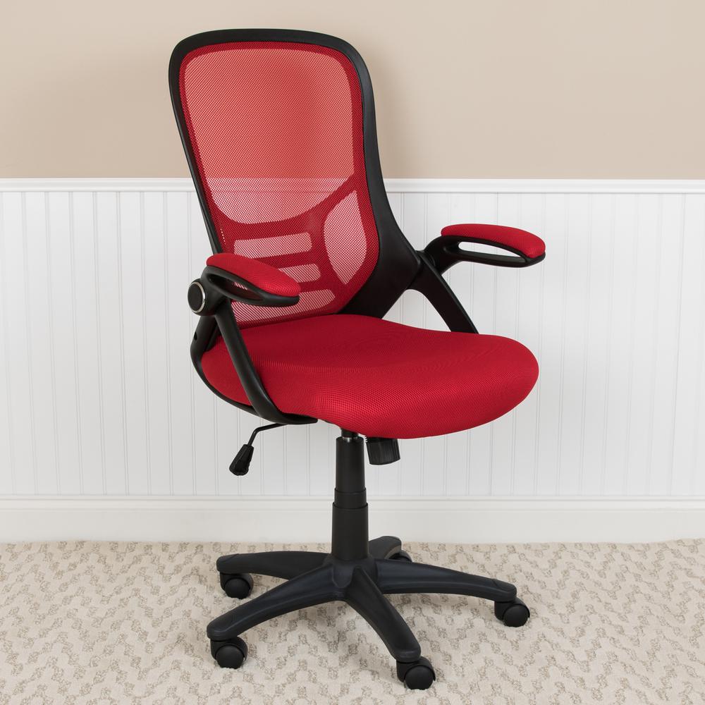 High Back Red Mesh Ergonomic Swivel Office Chair with Black Frame and Flip-up Arms. Picture 3