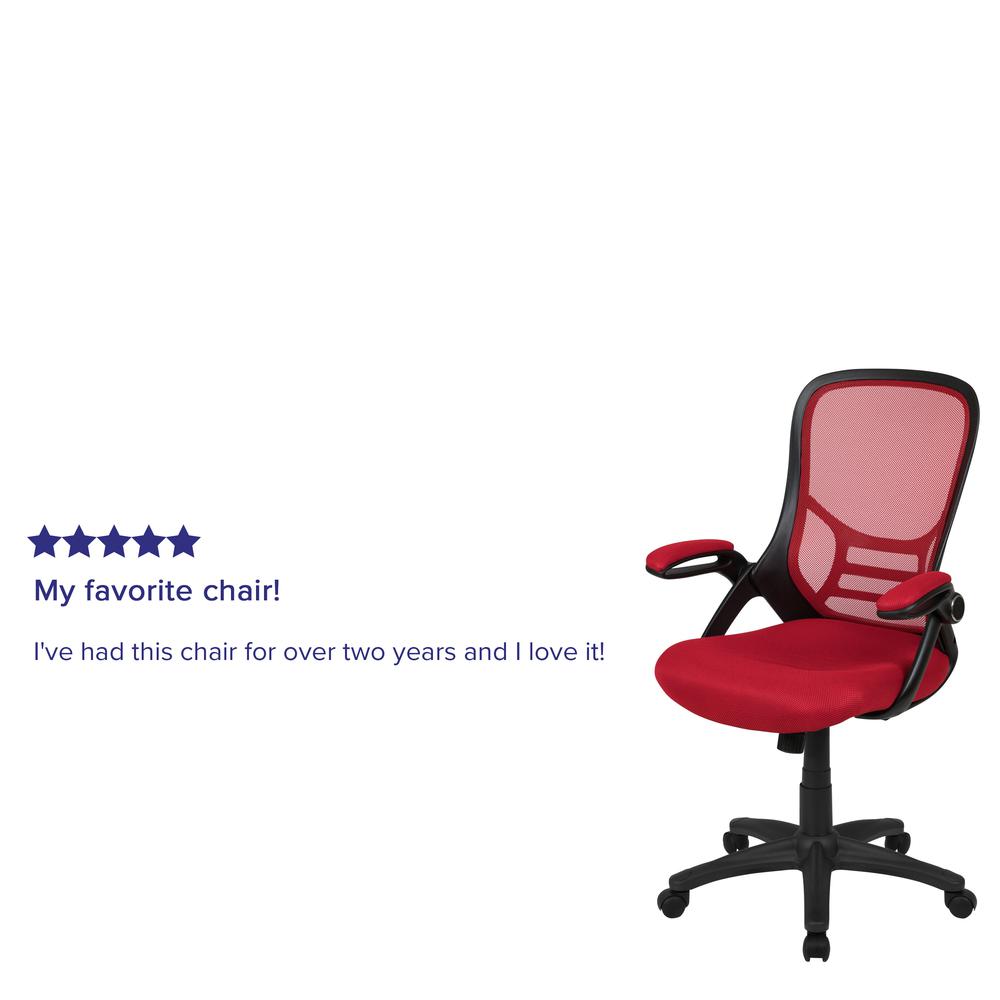 High Back Red Mesh Ergonomic Swivel Office Chair with Black Frame and Flip-up Arms. Picture 12
