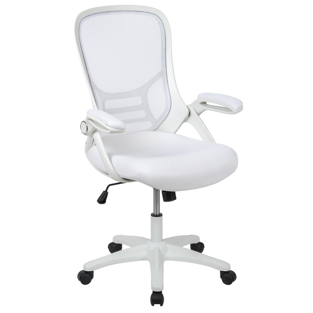 High Back White Mesh Ergonomic Swivel Office Chair with White Frame and Flip-up Arms. The main picture.