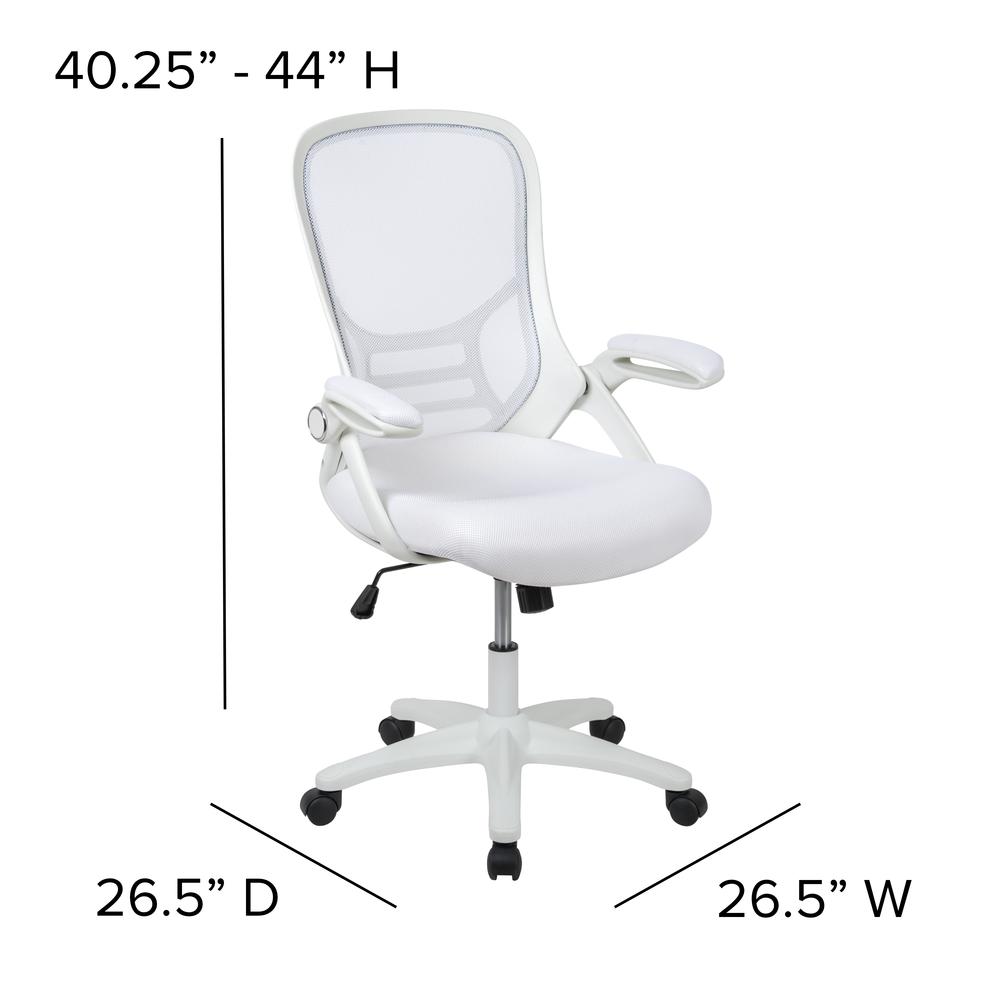 High Back White Mesh Ergonomic Swivel Office Chair with White Frame and Flip-up Arms. Picture 4