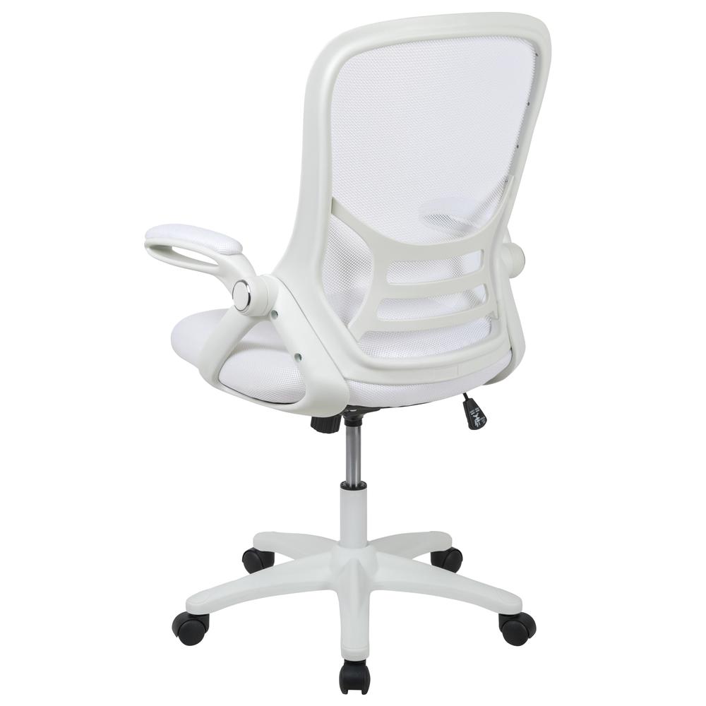 High Back White Mesh Ergonomic Swivel Office Chair with White Frame and Flip-up Arms. Picture 4