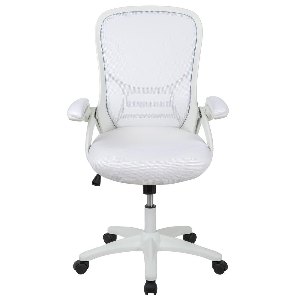 High Back White Mesh Ergonomic Swivel Office Chair with White Frame and Flip-up Arms. Picture 5