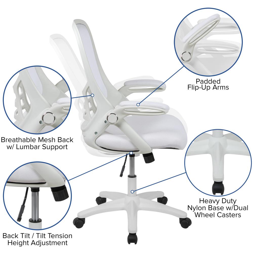 High Back White Mesh Ergonomic Swivel Office Chair with White Frame and Flip-up Arms. Picture 6