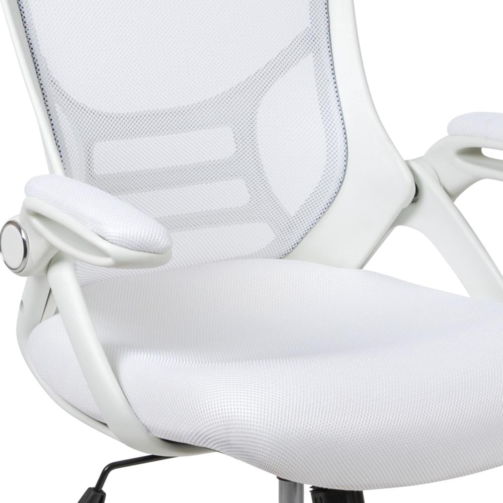 High Back White Mesh Ergonomic Swivel Office Chair with White Frame and Flip-up Arms. Picture 7