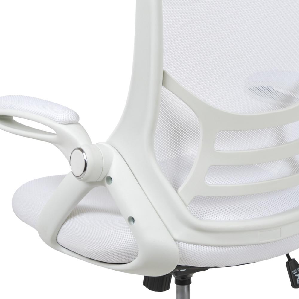 High Back White Mesh Ergonomic Swivel Office Chair with White Frame and Flip-up Arms. Picture 8