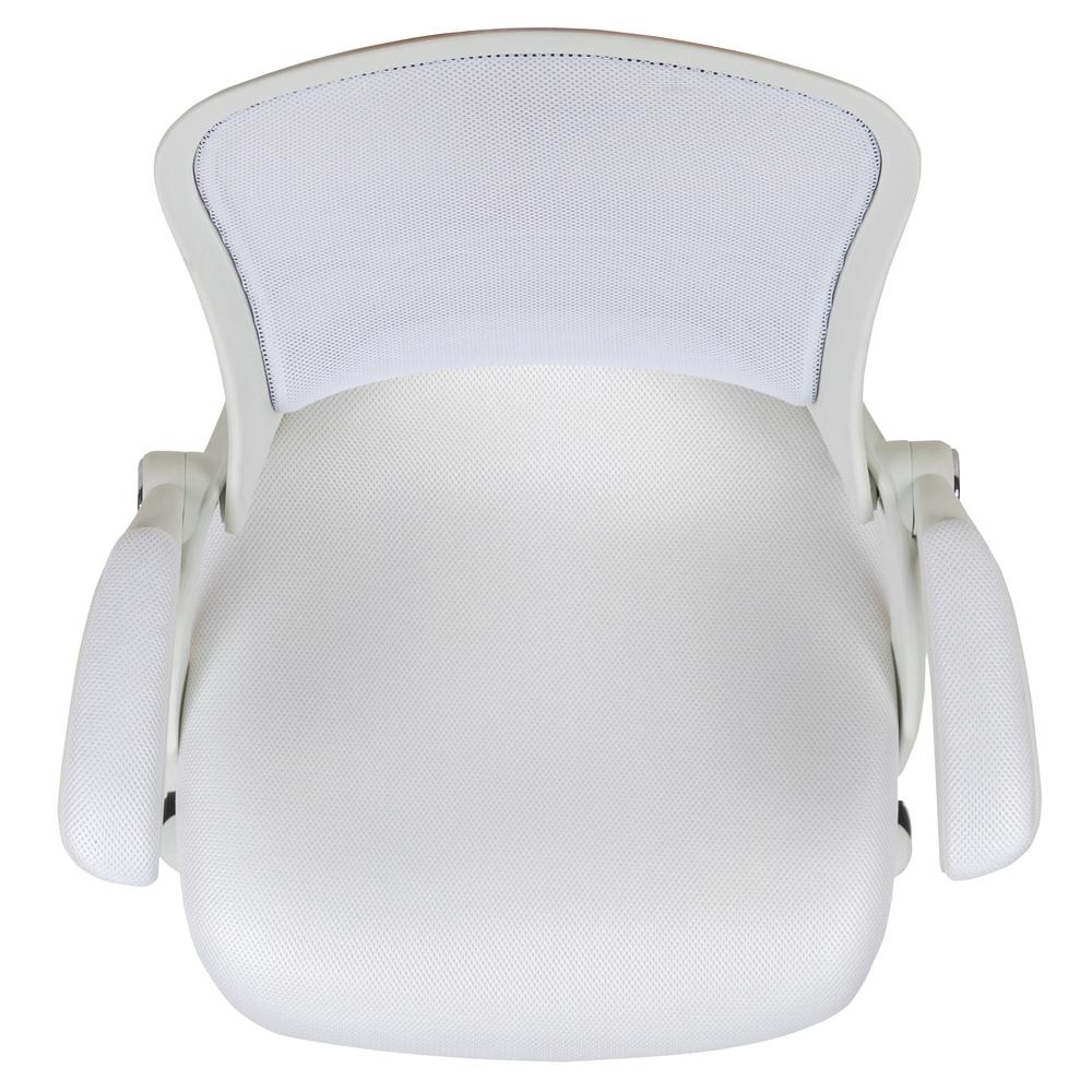 High Back White Mesh Ergonomic Swivel Office Chair with White Frame and Flip-up Arms. Picture 9