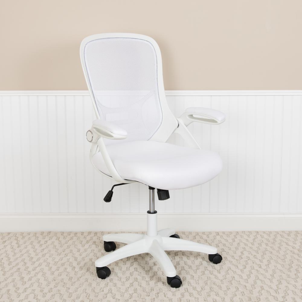 High Back White Mesh Ergonomic Swivel Office Chair with White Frame and Flip-up Arms. Picture 11