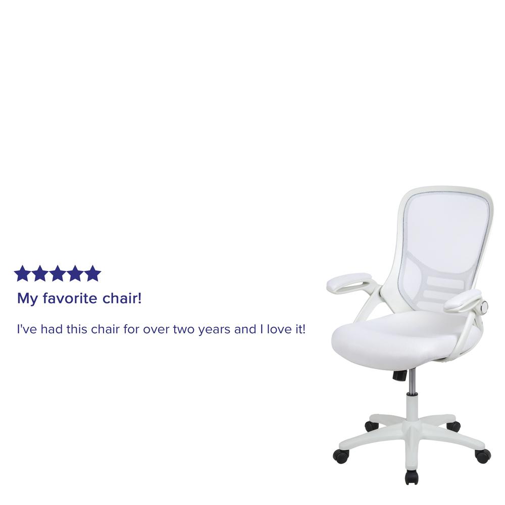 High Back White Mesh Ergonomic Swivel Office Chair with White Frame and Flip-up Arms. Picture 12