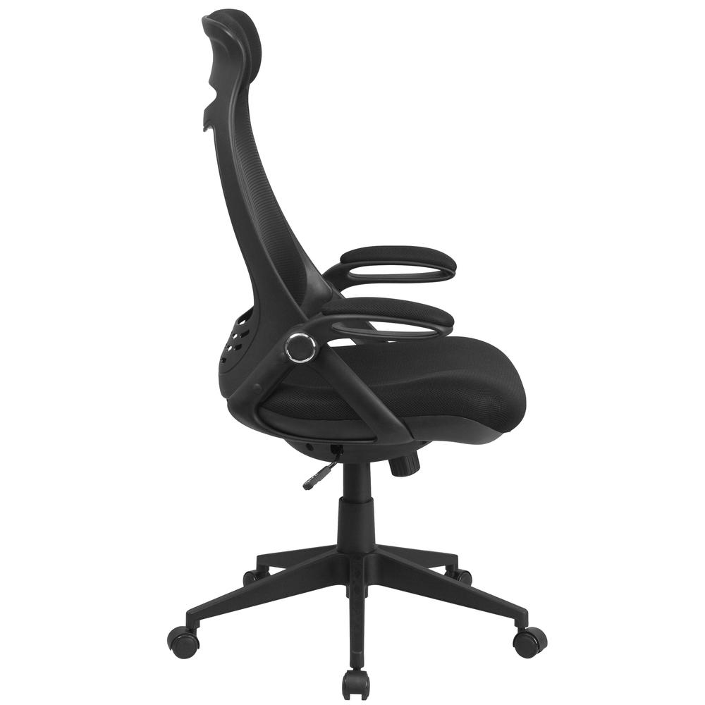 High Back Black Mesh Executive Swivel Office Chair with Flip-Up Arms. Picture 3