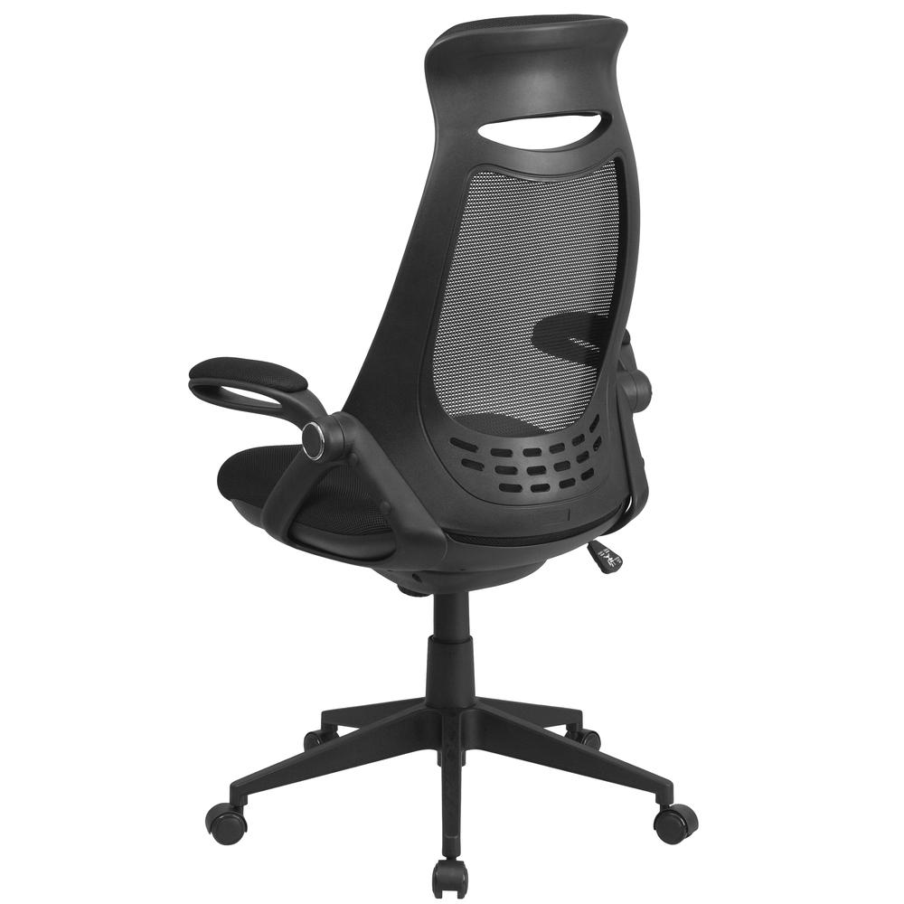High Back Black Mesh Executive Swivel Office Chair with Flip-Up Arms. Picture 4