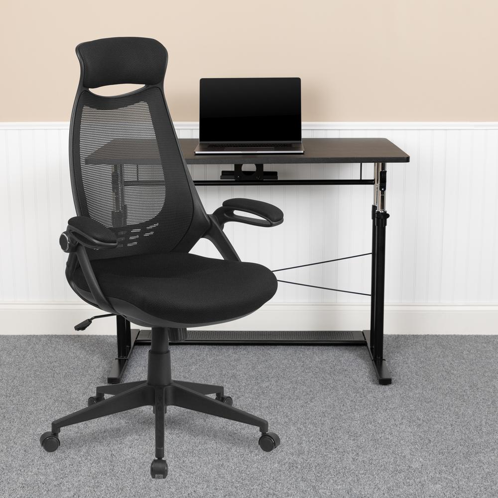 High Back Black Mesh Executive Swivel Office Chair with Flip-Up Arms. Picture 6