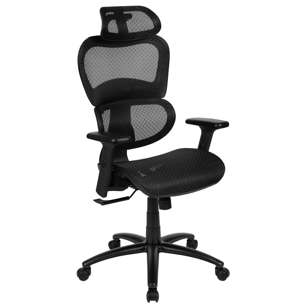 Ergonomic Mesh Office Chair with 2-to-1 Synchro-Tilt, Adjustable Headrest, Lumbar Support, and Adjustable Pivot Arms in Black. Picture 1